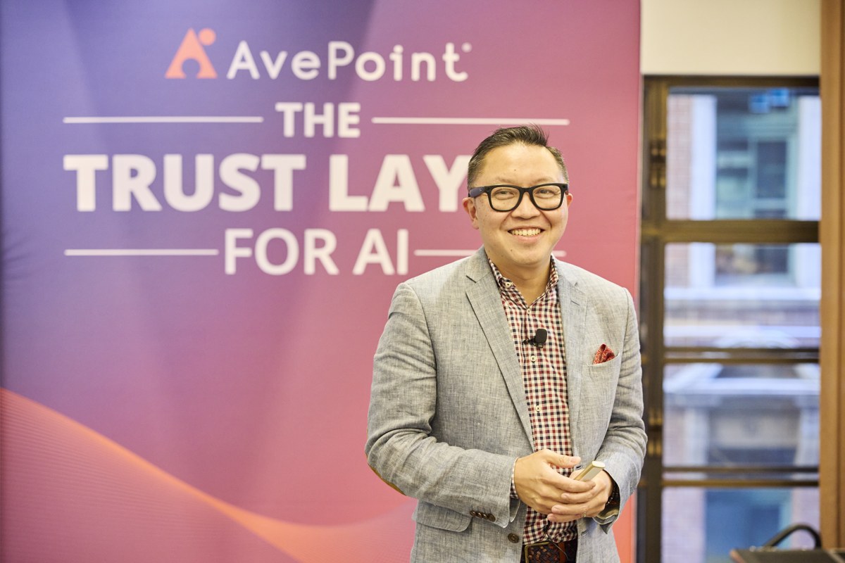 Dux beside an AvePoint Trust Layer for AI sign